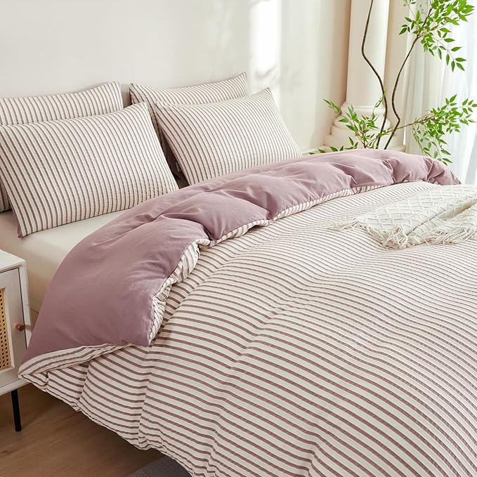 Comforter Set King Purple Soft Luxury Washed Microfiber Jacquard 3 Pieces Bedding, White Grayish Purple Vertical Ticking Stripes Pattern Comforter with 2 Pillowcases Breathable Durable Comfy
