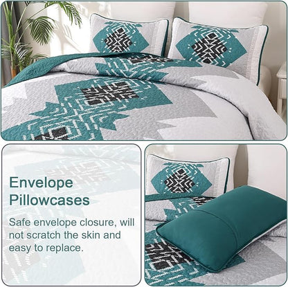Dintszyayue Teal Boho Quilt Set Queen 3 Pieces Turquoise Aztec Texture Bedspread Coverlet Set with 2 Pillowcases Soft Lightweight Microfiber Bohemian Quilt Bedding Set for All Season 90"x96"