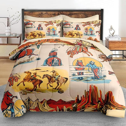 Comforter Set Full Size, Western Cowboy Retro Colorful 7 Pcs Bedding for Kids and Adults, Vintage Horse Cowgirl Bed Sheet Sets with Fitted Sheet 2 Pillowcases & 2 Shams for Bedroom Bed Decor