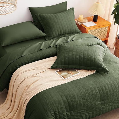 CozyLux Oversized King Comforter Set Olive Green Seersucker 7 Pieces Bed in a Bag King Comforter Set with Sheets, Luxury Soft Bedding Set with Down Alternative Comforter, Sheets, Pillowcases & Shams