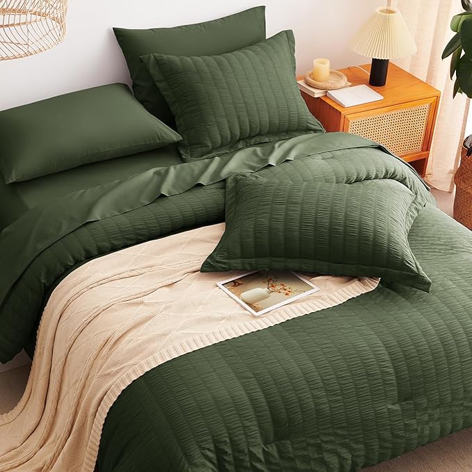 CozyLux Oversized Queen Comforter Set Olive Green Seersucker 7 Pieces 98x98 Bed in a Bag Comforter Set with Sheets, Luxury Soft Bedding Set with Down Alternative Comforter, Sheets, Pillowcases & Shams