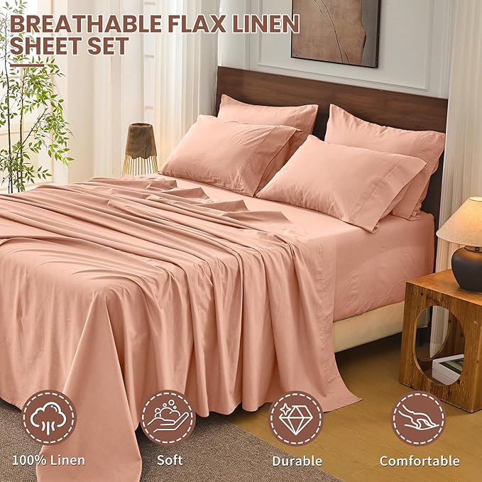 Bedlifes 100% French Flax Linen Sheets Set King Size - 6 Piece Extra Deep Pocket 18-24",Soft Breathable King Bed Sheets with Temperature Regulating & Moisture-Wicking(Blush Pink