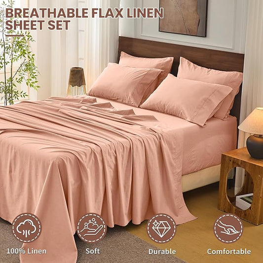 Bedlifes 100% French Flax Linen Sheets Set Queen Size - 6 Piece Extra Deep Pocket 18-24",Soft Breathable Queen Bed Sheets with Temperature Regulating & Moisture-Wicking(Blush Pink