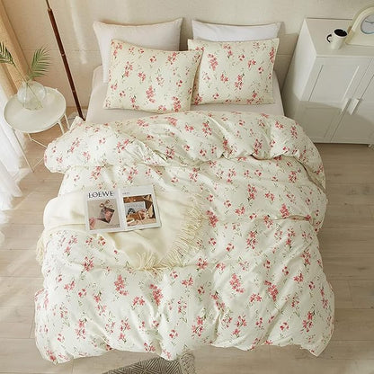 HighBuy Boho Comforter Set Queen Size Beige 3 Pieces Pink Floral Lightweight Comforters Queen Size for Woman Girl Soft Jacquard Queen Comforter for All Seasons