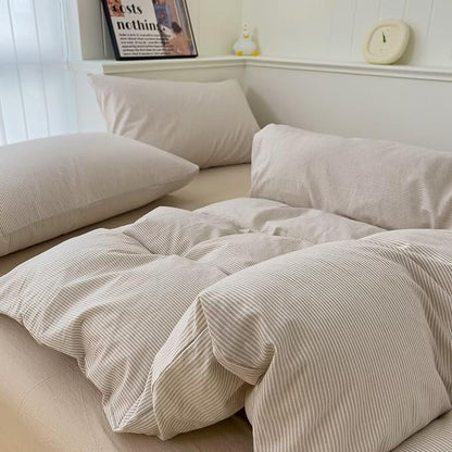 MKXI Ultra-Slim Stripes Washed Cotton Duvet Cover Set, Breathable Textured Coastal Bedding in Oyster White & Sand Dune, Twin XL 3-Piece, Nautical Stripe