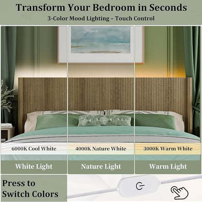 King Size Headboard Only, Modern Fluted Wall-Mounted Head Board with Lighting, Boho Wood Bed headboard Stylish Bedroom Decor, Natural