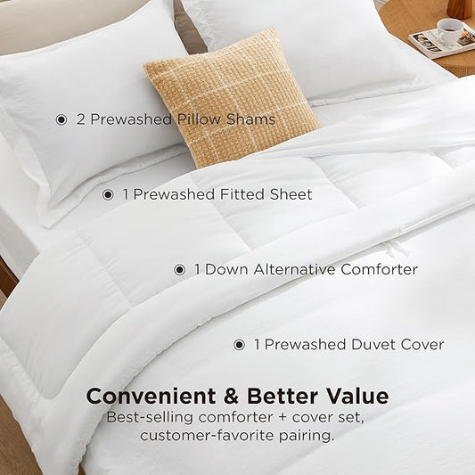 Bedsure Removable Cover with Comforter Duvet Insert Queen - 5 Pieces White Prewashed Soft Bedding Set for All Seasons Use, Includes 1 Duvet Cover, 1 Comforter, 1 Fitted Sheet, 2 Pillow Shams
