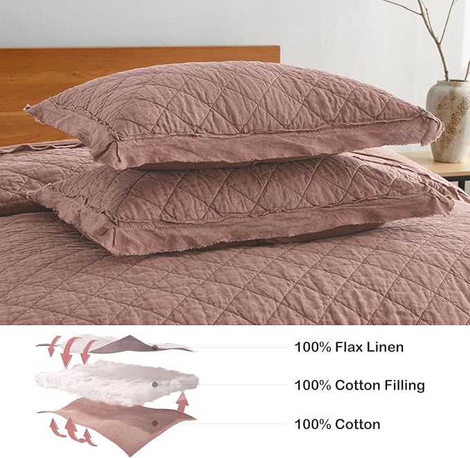 HORIMOTE HOME 100% Linen Front/100% Cotton Back Quilt Set Queen Size, Cameo Rose Pre-Washed European Flax Linen Quilt, Diamond Stitch Bedspread Coverlet Bedding Set 3-Piece for All Seasons