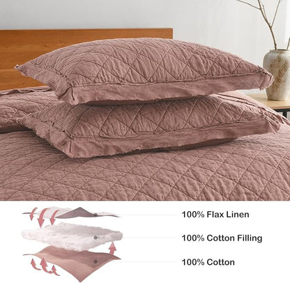 HORIMOTE HOME 100% Linen Front/100% Cotton Back Quilt Set Queen Size, Cameo Rose Pre-Washed European Flax Linen Quilt, Diamond Stitch Bedspread Coverlet Bedding Set 3-Piece for All Seasons