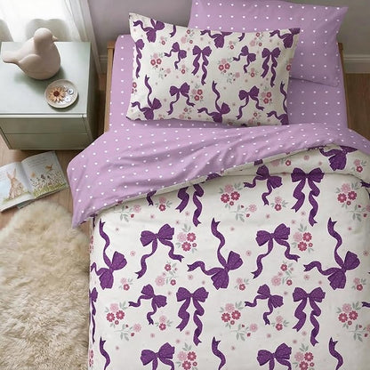 Purple Bow Comforter Set Twin Size for Girls, 2Pcs Ribbon Bowknot Bedding for Kids Kawaii Bedroom Decor, Dreamy Priness Girly Puple Polka Dots Bows Comforter Set with 1 Pillowcase, 68"x86"