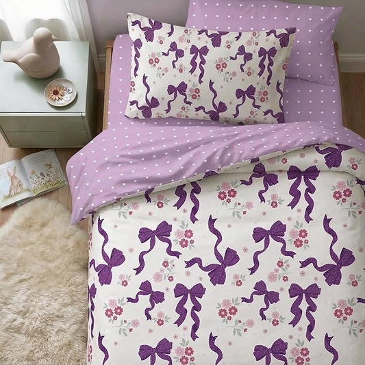 Purple Bow Comforter Set Twin Size for Girls, 2Pcs Ribbon Bowknot Bedding for Kids Kawaii Bedroom Decor, Dreamy Priness Girly Puple Polka Dots Bows Comforter Set with 1 Pillowcase, 68"x86"