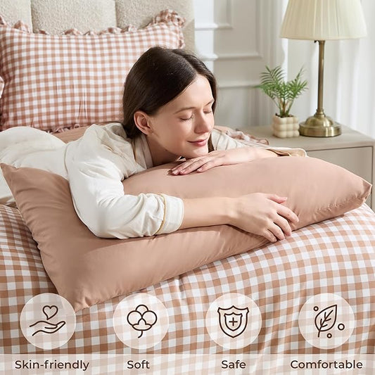 BDEUS 5 Pieces Gingham Ruffle Comforter Set Twin/Twin XL Size, Brown Grid Tartan Bedding Set, Soft Breathable Fabric Comforter with Flat Sheet, Fitted Sheet, 1 Pillowcase & 1 Sham, 68"X88"