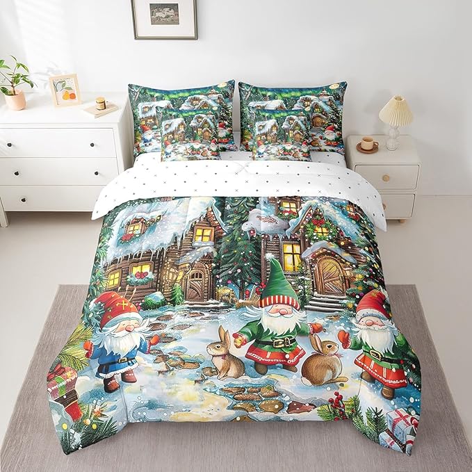 Cartoon Christmas Cabin Comforter Set 7 Pieces,Winter Santa Gnome Bed Set,Rustic Botanical Flowers Bedding Bed in a Bag Soft,Full (1 Comforter,2 Pillowcase,2 Pillow Covers,1 Flat Sheet,1 Fitted Sheet)