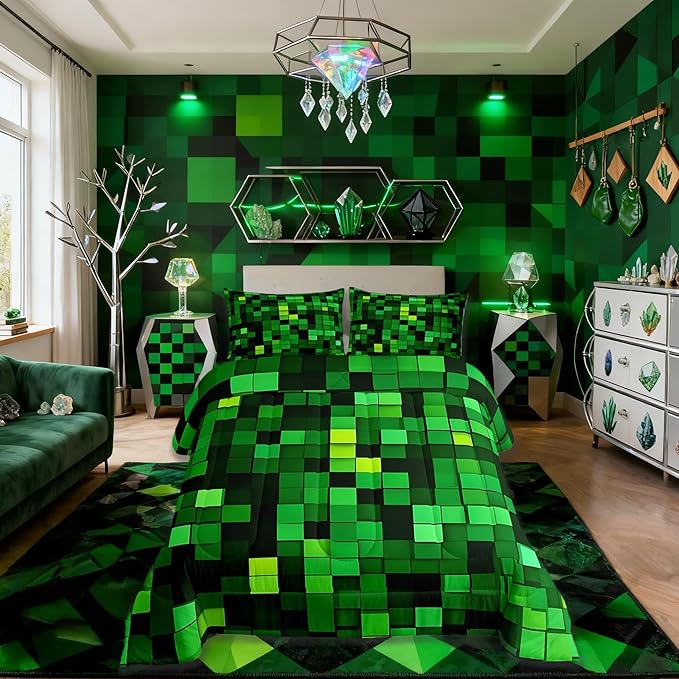Pixelated Blocks Miners Kids Bedding Set King Size,Video Games Game Gamepad Comforter Set，Geometric Grid Patchwork Quilt Comforter,Green Bedroom Duvet Insert,2 Pillowcases