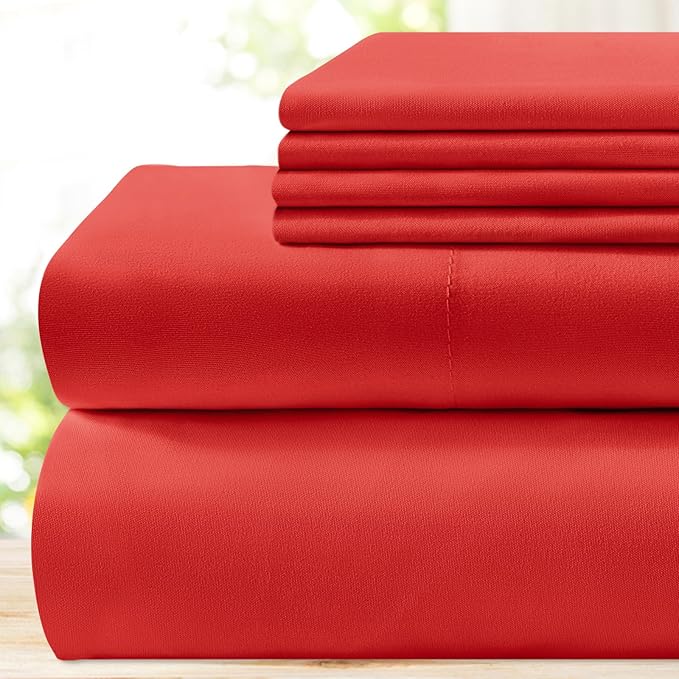BYSURE 6 Pieces Bed Sheets Set(King, Cherry Red) - Hotel Luxury Super Soft 1800 Thread Count 100% Microfiber Sheets with Deep Pockets, Wrinkle & Fade Resistant