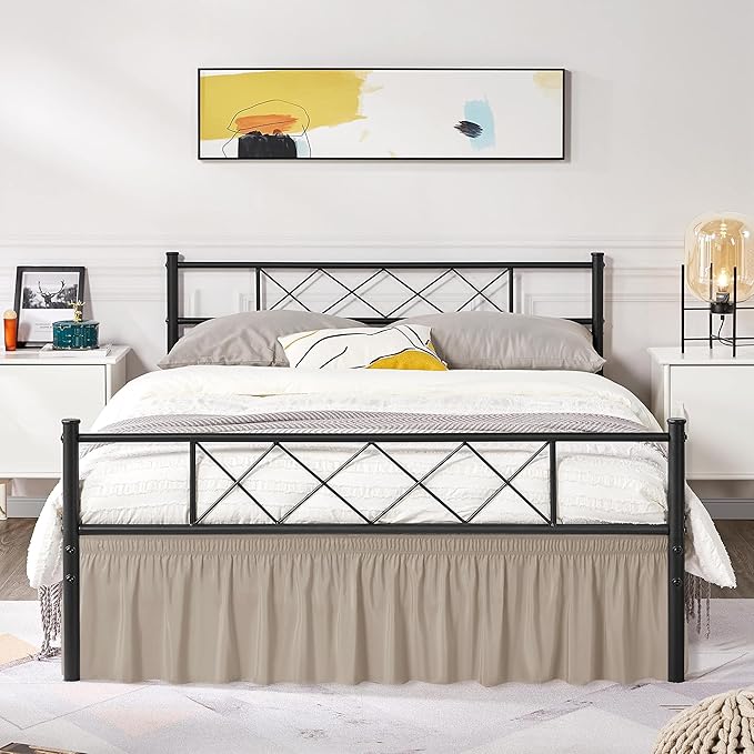 Biscaynebay Wrap Around Bed Skirts with Split Corners for Full Beds 17" Drop, Light Camel Elastic Dust Ruffles Easy Fit Wrinkle & Fade Resistant Silky Luxurious Fabric Solid Machine Washable