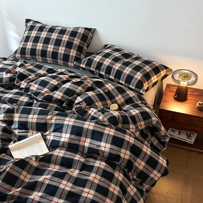 EAVD Vintage Style Black Buffalo Plaid Duvet Cover Twin Soft 100% Washed Cotton Red&Green Grid Checkered Bedding Set with 2 Pillowcases Retro Farmhouse Geometric Grid Duvet Cover with Zipper