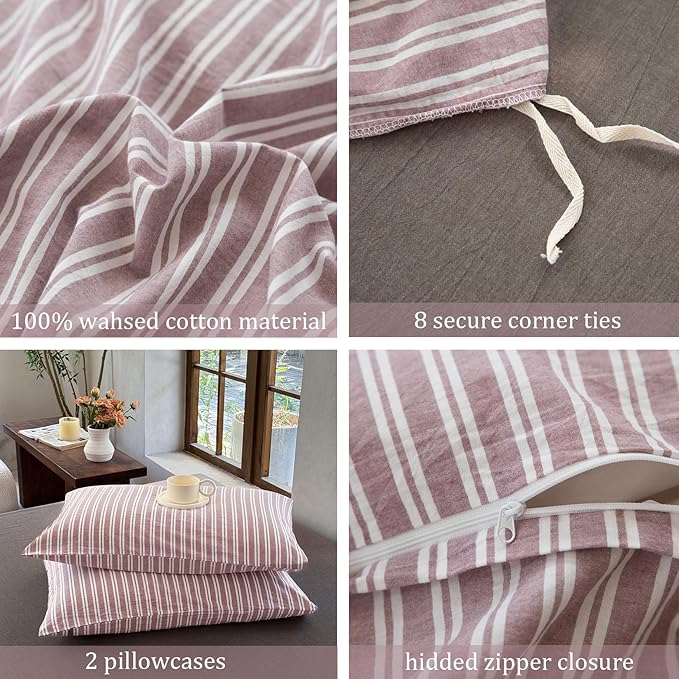 Striped Duvet Cover Set 100% Washed Cotton Linen Like Soft Feelling Breathable Bedding(Dusty Purple,King)