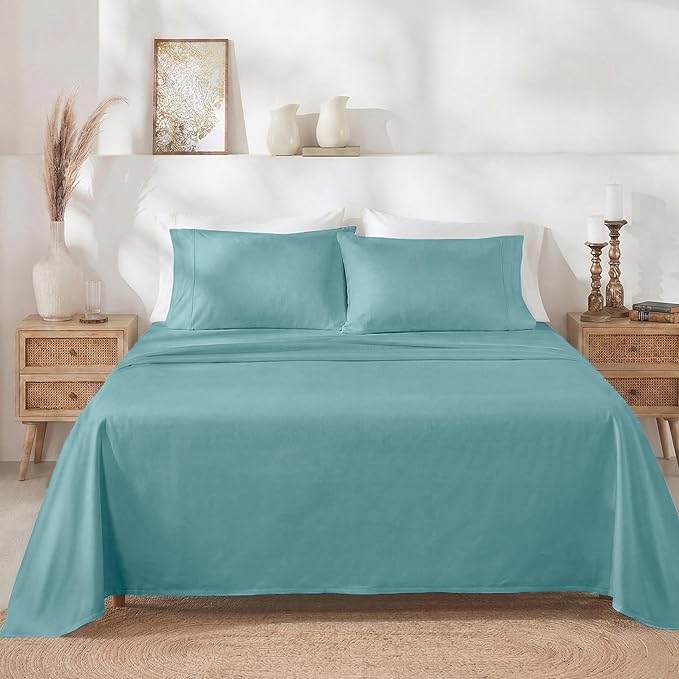 California Design Den Natural 100% Cotton Sheets, Soft Queen Sheet Set, 400 Thread Count Sateen, Deep Pockets with All-Around Elastic for a Snug Fit, Durable Bedding Set - Teal