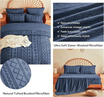 MR&HM California King Comforter Set Navy Blue, 7 Pieces Tufted Boho Beddding Sets, Farmhouse Bed in a Bag with 1 Comforter, 2 Pillow Shams, 2 Pillowcases, 1 Flat Sheet, 1 Fitted Sheet