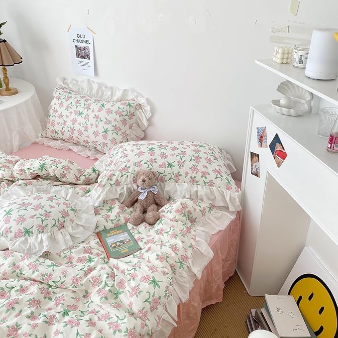 HighBuy White Lace Comforter Set Queen Pink Floral Bedding Set Ruffled Lace Comforter with 2 Ruffle Pillowcases Coquette Cottagecore Comforter Sets for Women Girls,Quilted,Cozy Soft