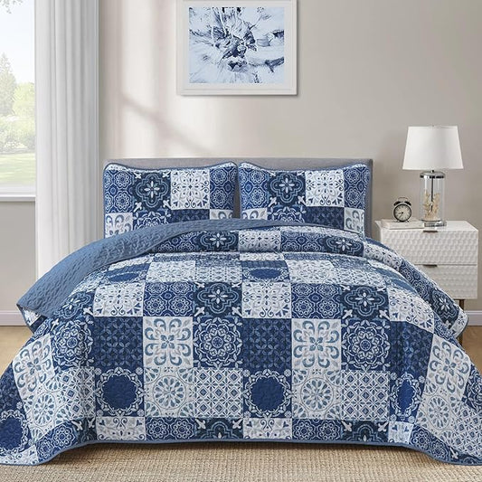Dobuyly Boho Quilt Set Queen Size Navy Blue Plaid Patchwork Bedspread Coverlet Set, 3 Pieces Summer Quilt Bedding Set Soft Lightweight Navy Boho Farmhouse Bed Cover for All Seasons 96"x90"