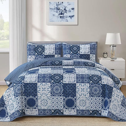 Dobuyly Boho Quilt Set King Size Navy Blue Plaid Patchwork Bedspread Coverlet Set, 3 Pieces Summer Quilt Bedding Set Soft Lightweight Navy Print Boho Bed Cover for All Seasons 110"x90"