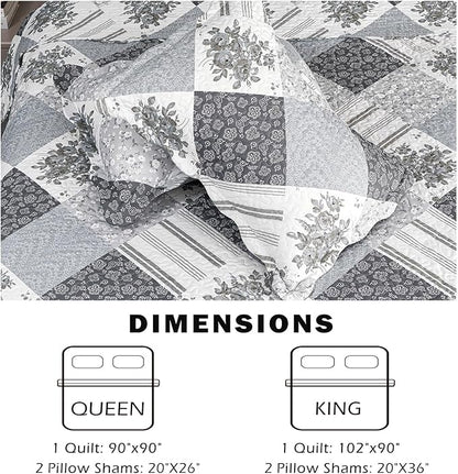 Cmfshape Summer Floral King Bedspread,Romantic Grey Quilt Set King,Reversible Stitched Bedding Set All Season,Soft Lightweight Coverlet with Pillow Cases (Dark Grey, King102 x90)