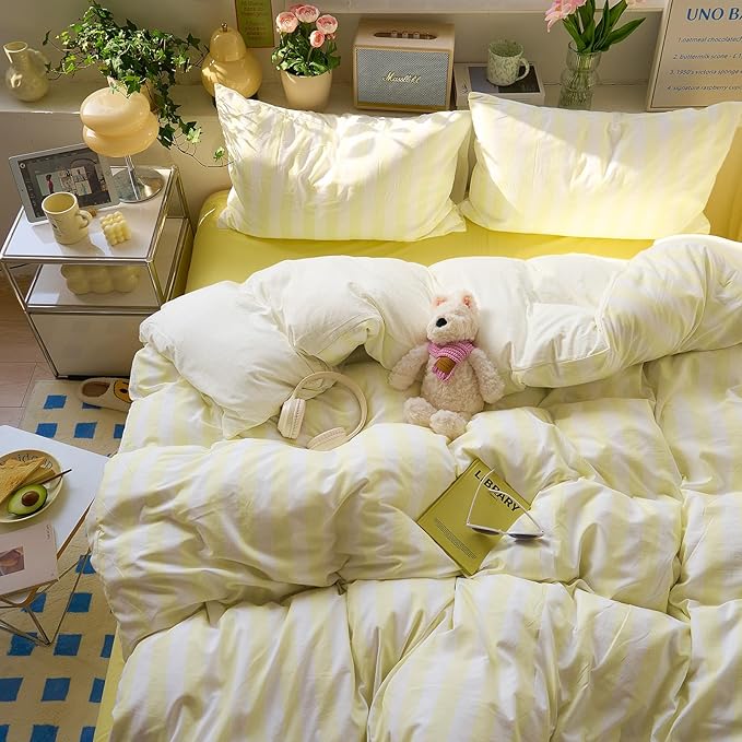 EAVD Yellow and White Vertical Striped Duvet Cover King Soft Washed Microfiber Farmhouse Yellow Striped Bedding Set with 2 Pillowcases Reversible Geometric Pattern Duvet Cover with Zipper Closure