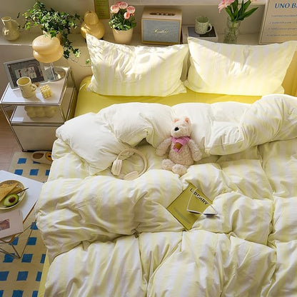 EAVD Yellow and White Vertical Striped Duvet Cover King Soft Washed Microfiber Farmhouse Yellow Striped Bedding Set with 2 Pillowcases Reversible Geometric Pattern Duvet Cover with Zipper Closure