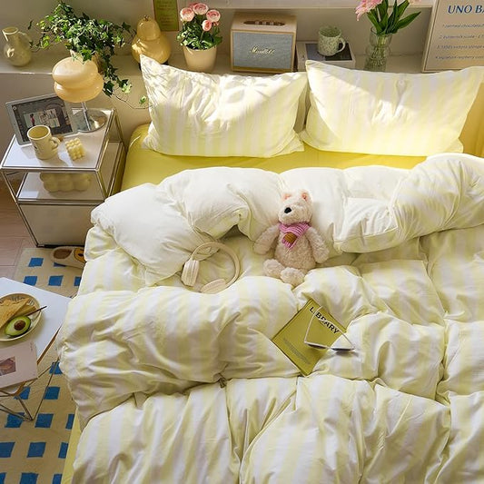 EAVD Yellow and White Vertical Striped Duvet Cover King Soft Washed Microfiber Farmhouse Yellow Striped Bedding Set with 2 Pillowcases Reversible Geometric Pattern Duvet Cover with Zipper Closure