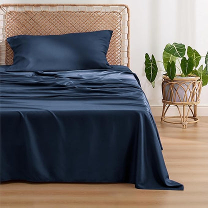 Bedsure Cooling Sheets Twin, Rayon Derived from Bamboo, PureWoven, Breathable & Soft Twin Sheets Set, Deep Pocket Up to 16 Inches, Hotel Luxury Silky Bedding for Hot Sleepers, Navy