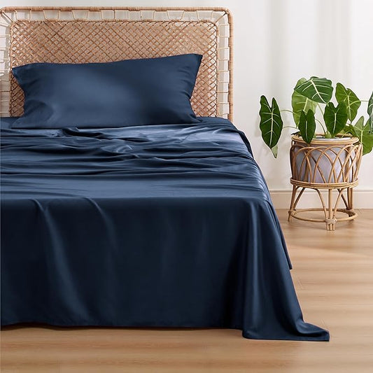 Bedsure Cooling Sheets Twin, Rayon Derived from Bamboo, PureWoven, Breathable & Soft Twin Sheets Set, Deep Pocket Up to 16 Inches, Hotel Luxury Silky Bedding for Hot Sleepers, Navy
