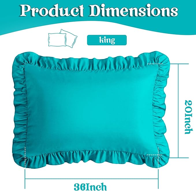 KKJIAF Ruffle Pillow Cases King Size Set of 2, Ruffled Pillow Covers with Envelope Closure, Wrinkle Resistant Ruffled Pillow Shams 20" x 36", Teal