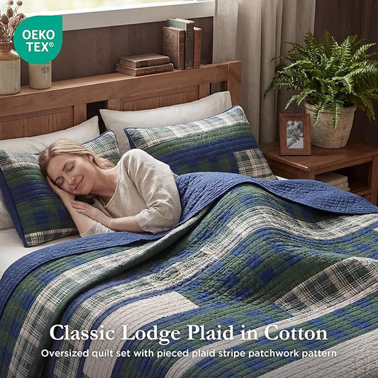 WOOLRICH Spruce Hill Reversible Quilt Set - Cottage Styling Reversed to Solid Color, All Season Lightweight Coverlet, Cozy Bedding Layer, Matching Shams, Oversized King/Cal King, Stripes Green 3 Piece