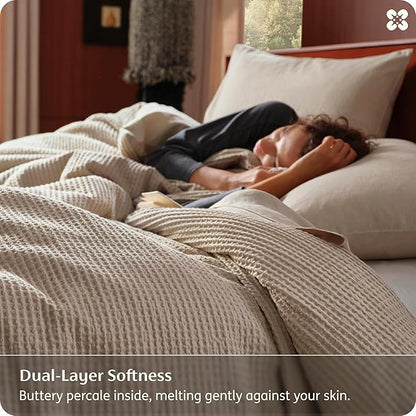 Bedsure Cotton Duvet Cover Queen Size - 100% Cotton Waffle Weave Khaki Duvet Cover, PureWoven Textured Breathable Bedding Comforter Cover for All Season, Inceluds 1 Duvet Cover 90"x90"