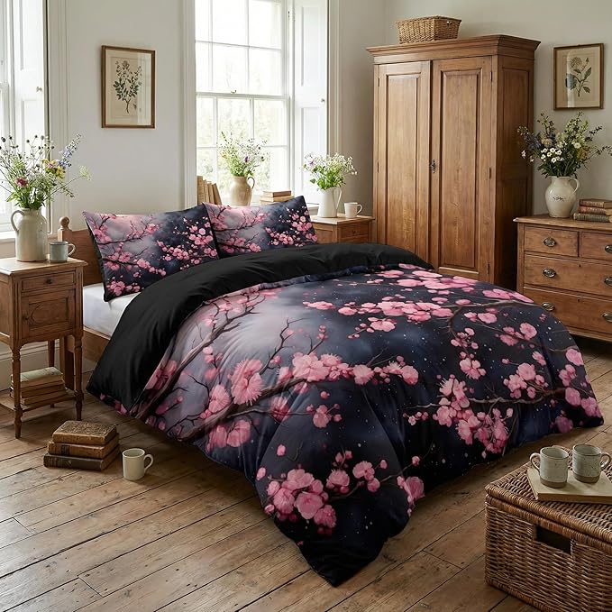 Black Pink Comforter Set Queen, Japanese Cherry Blossoms Bedding for Girls Women 3Pcs Soft Farmhouse Country Quilted Set with 2 Pillowcases, 90"x90"