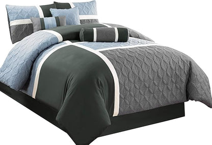 Chezmoi Collection Upland 7-Piece Quilted Patchwork Comforter Set, Gray/Light Blue/Charcoal, King