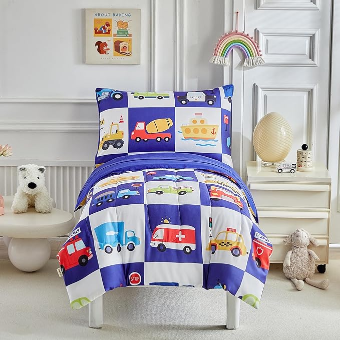 White Navy Toddler Bedding Set for Boys Girls Colorful Cars Vehicle Auto Fire Engine Bulldozer 4PC Toddler Bed Set - Soft Cute Toddler Plaid Patchwork Bed in a Bag with Sheet Set and Pillow Shams