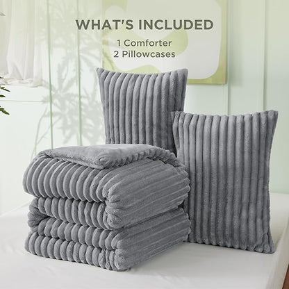 Bedsure Full Size Comforter Sets - GentleSoft™ 3 Pieces Double-Side Fleece Fluffy Grey Comforter Set, Cozy Striped Room Decor Aesthetic, Luxury Full Size Bedding, 2 Pillowcases, 82x86 Inches