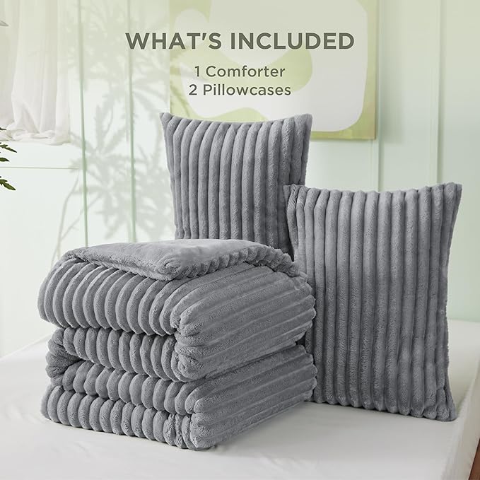 Bedsure Comforter Set Queen Size - GentleSoft™ 3 Pieces Double-Side Fleece Fluffy Grey Comforter Set, Cozy Striped Room Decor Aesthetic, Luxury Bedding Queen Size, 2 Pillowcases, 90x90 Inches