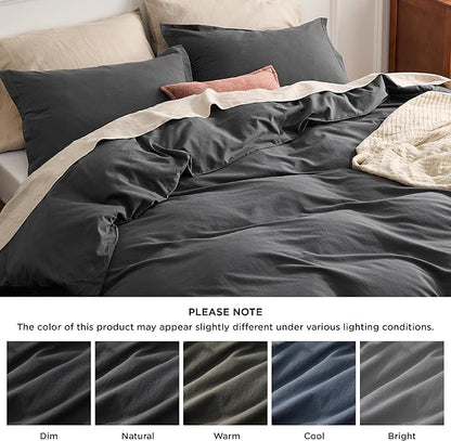Bedsure 100% Washed Cotton Duvet Cover Cal King - Charcoal Minimalist Bedding Set Linen Like - PureWoven Plain Simple & Soft Comforter Cover for All Seasons (Charcoal, California King, 104"x98")