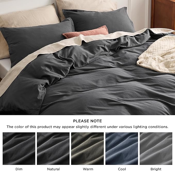 Bedsure 100% Washed Cotton Duvet Cover Queen Size - Charcoal Minimalist Bedding Set Linen Like - PureWoven Plain Simple & Soft Comforter Cover for All Seasons (Charcoal, Queen, 90"x90")