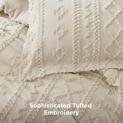 Bedsure Tufted Boho Comforter Set California King Size - Beige Boho Bed Set, GentleSoft™ 3 Pieces Farmhouse Shabby Chic Embroidery Bedding, Gifts for Woman, Soft Jacquard Comforter for All Seasons