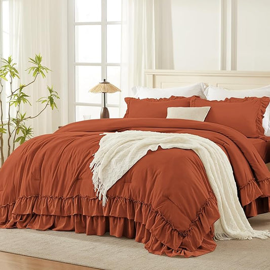 Andency Terracotta King Comforter Set (104x90Inch), 3 Pieces Ruffle Bedding Set with 2 Pillowcases, Farmhouse Shabby Chic Lightweight Fluffy Soft All Season Bed Set, Burnt Orange