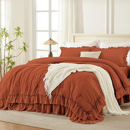 Andency Terracotta Twin Size Comforter Set, 2 Pieces Lightweight Fluffy Ruffle Bedding Set for Dorm, All Season Soft Farmhouse Shabby Chic Bed Set for Kids (66x90In), Burnt Orange