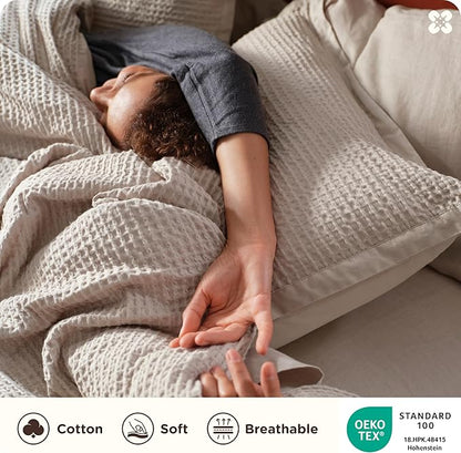 Bedsure Cotton Duvet Cover Set - 100% Cotton Waffle Weave Linen Duvet Cover Oversized Queen Size, GentleSoft™ and Breathable Bedding Set for All Season, 3 Pieces, 98"x98"