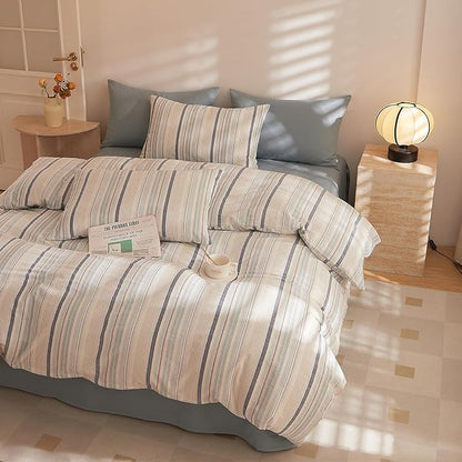 Striped Duvet Cover Set Twin XL, 3 Pieces Blue White Stripes Pattern Printed Comforter Cover, 100% Washed Cotton Striped Bedding Set, Soft Breathable Twin XL Duvet Cover for Boys Girls Teen Adults