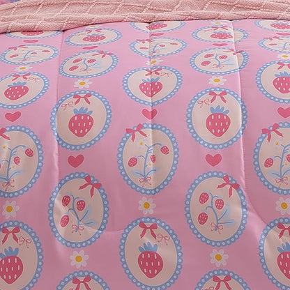 Full Size Comforter Set for Girls - 4 Pieces Pink Strawberry Full Bedding Sets for Kids,1 Comforter, 2 Shams and 1 Decor Pillow