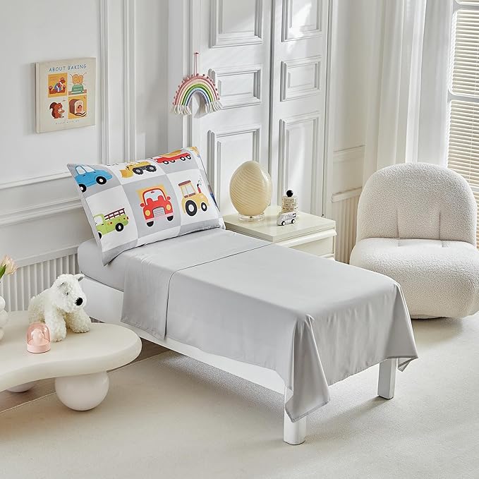 White Gray Toddler Bedding Set for Boys Girls Colorful Cars Vehicle Auto Fire Engine Bulldozer 4PC Toddler Bed Set - Soft Cute Toddler Plaid Patchwork Bed in a Bag with Sheet Set and Pillow Shams